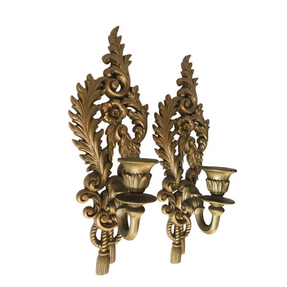 Vintage Burwood Hollywood Regency Mid Century Gold Wall Sconce Candle Holders - Picture 2 of 6